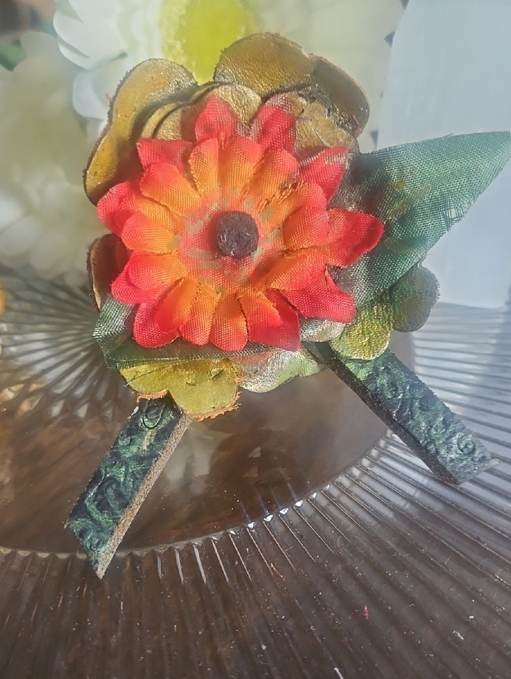 Hand Crafted Genuine Leather Red Orange Flower Dog Collar
